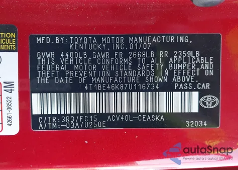 2007 Toyota Camry Se from USA, damaged, VIN 4T1BE46K87U116734